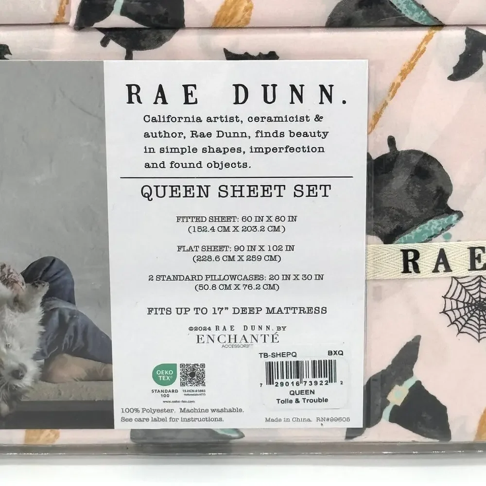 Rae Dunn 4 pc QUEEN Pink Halloween Sheet Set Cauldron Witch Hat Bats Broom NEW